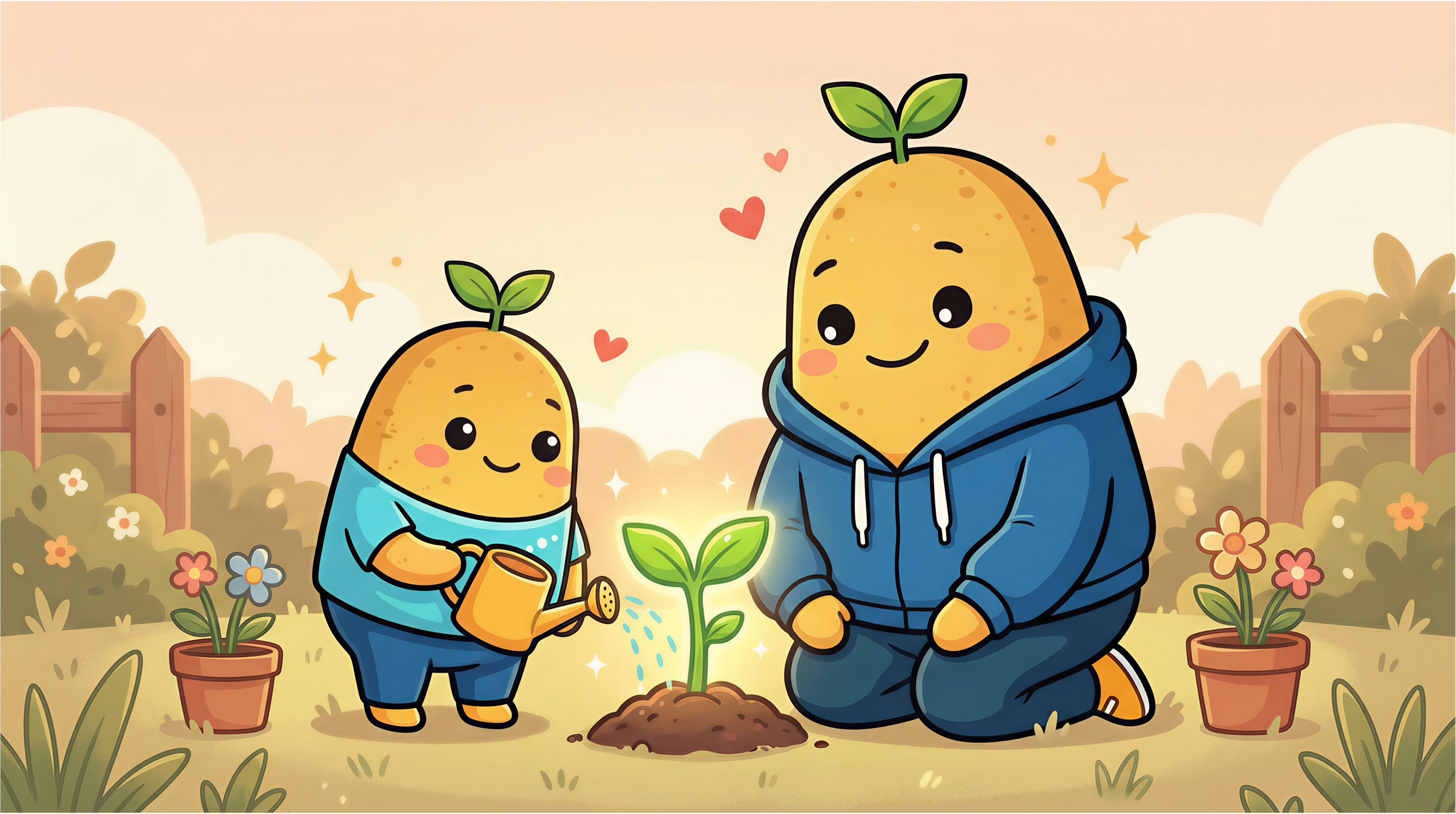 Potato characters growing in a garden